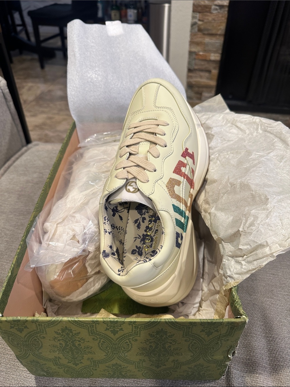 Ivory Leather Sneaker with Multicolor Logo size 40